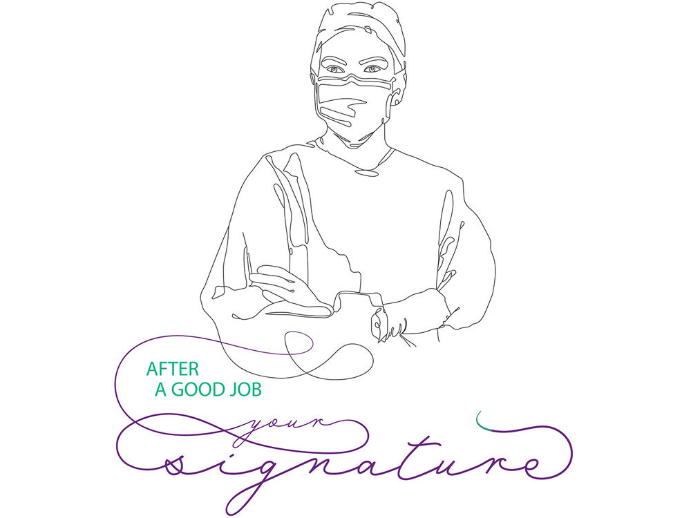 Illustration einer Chirurgin mit dem Slogan „Nach einem guten Job, Ihre Unterschrift.“