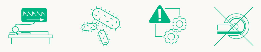 Verschiedene Symbole für Bedeutung und Einschränkungen der konventionellen ICP-Überwachung