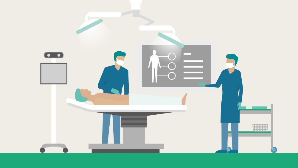 Eine Zeichnung eines Operationssaals, in der ein Patient auf dem Operationstisch liegt und von zwei Ärzten operiert wird.