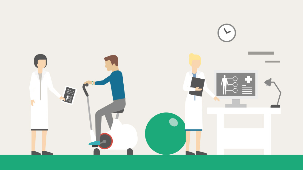 Eine Zeichnung eines Patienten, der auf einem Ergometer sitzt, daneben befindet sich ein Übungsball. Zwei Ärzte stehen neben ihm, geben ihm Anweisungen und dokumentieren seinen Fortschritt.
